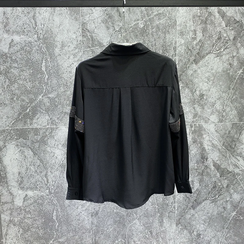 High-end Ice Silk Shirts Men's Diamond Design Fashion Long-sleeve Chic Shirt Masculinity Shoulder Pads Loose Handsome Trend Tops