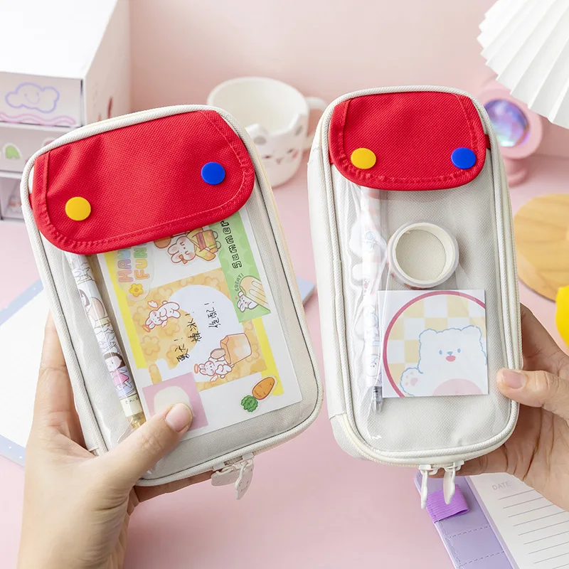 Kawaii Splicing Colors Pencil Case Large Capacity Organizer Pen Box Japanese Pouch School Supplies Accessories Stationery Bag
