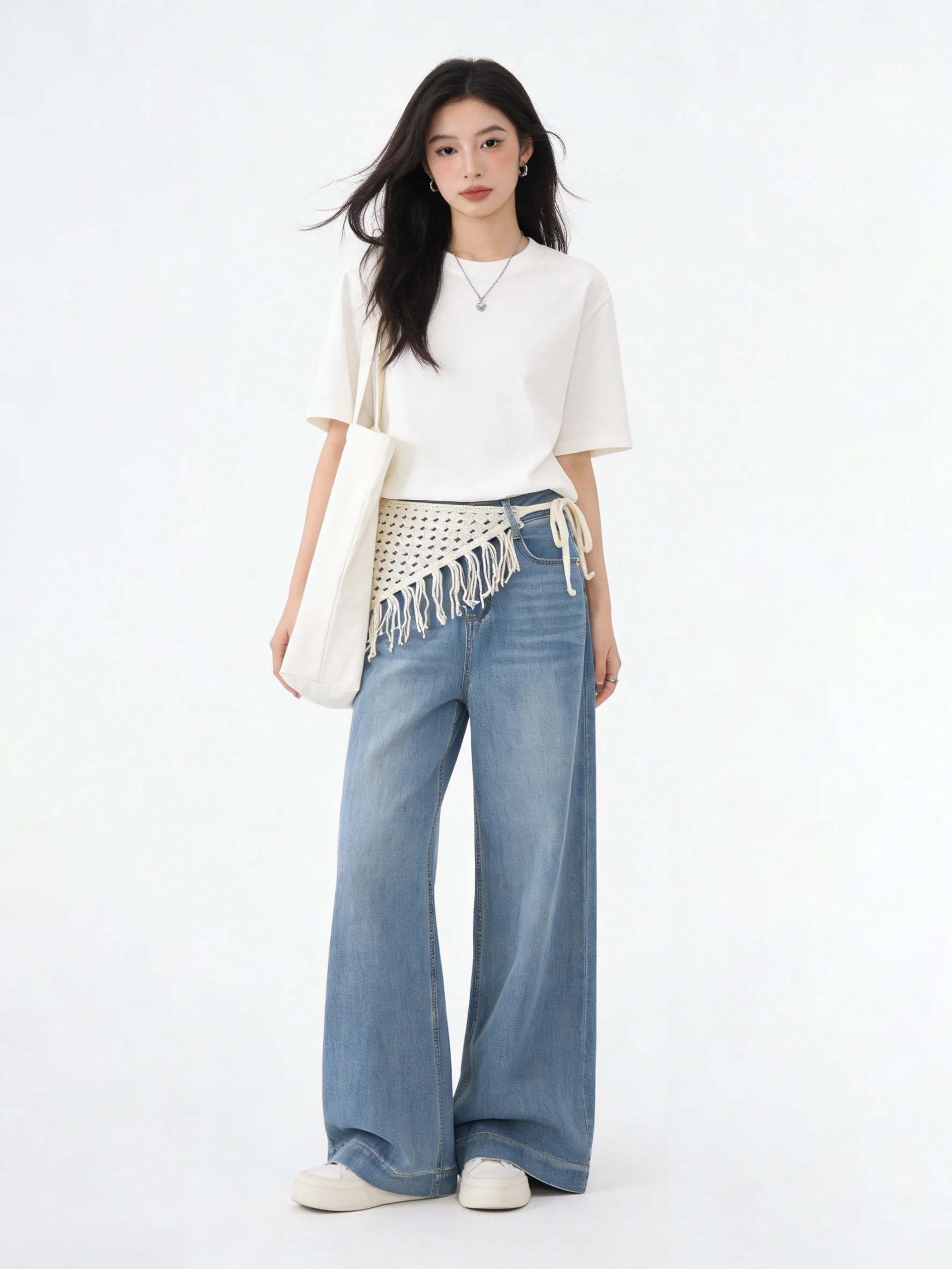 

American Retro Wide Leg Denim Jeans Hook Flower Worn Casual Drapey Long Pants Spring High Waist ket Korean Sle