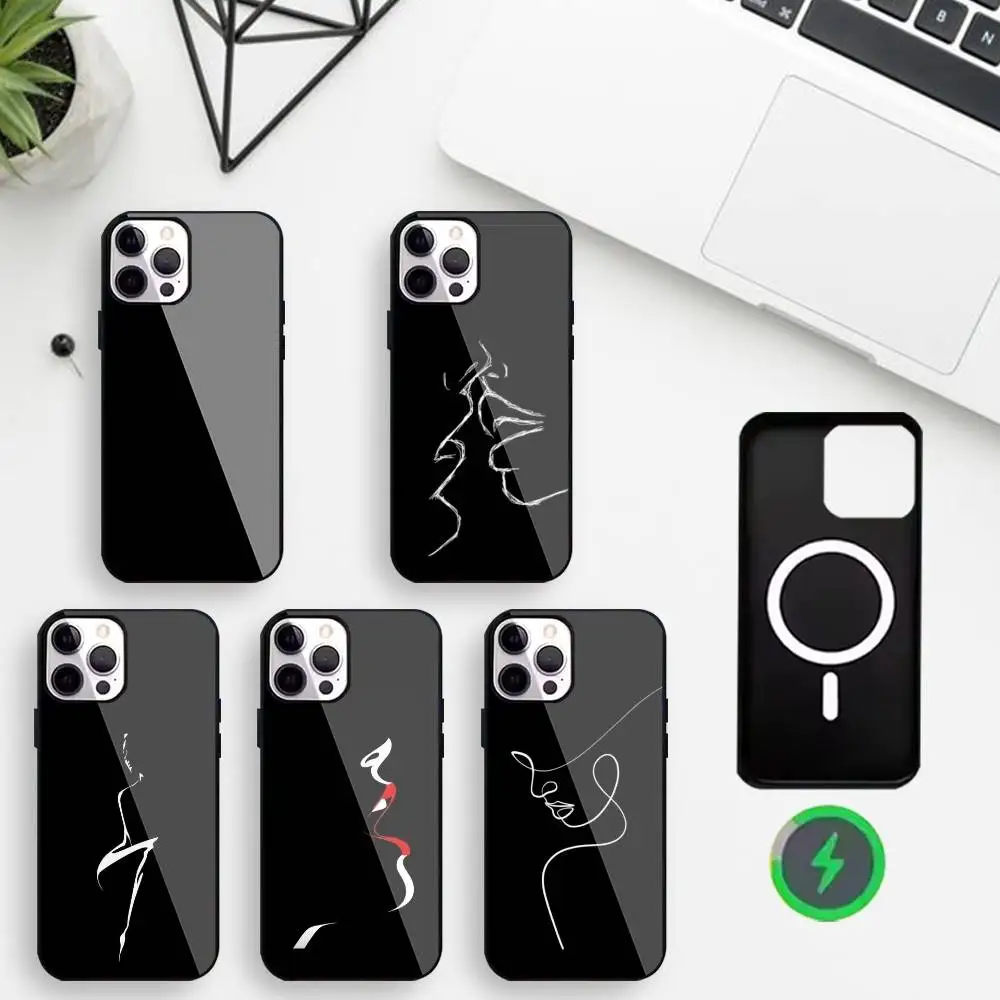 

Элегантный чехол для телефона с силуэтами линий для iPhone 17,16,15,14,13,12,11 макс. Черный защитный чехол с беспроводной зарядкой