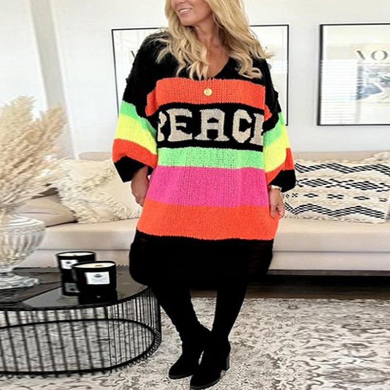 Casual V Neck Long Sleeve Knitted Dress Fashion Rainbow Stripe Dopamine Women Sweater Autumn Ladies Loose Long Pullover Dresses