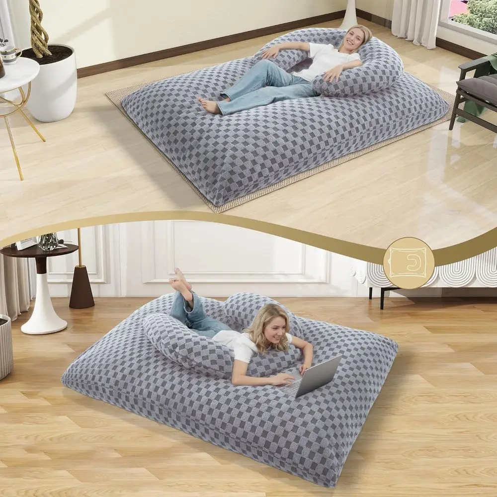 أريكة سرير قابلة للتحويل مع غطاء قابل للغسل ووسادة محمولة على شكل حرف U، كرسي بين باج رمادي فاتح عملاق #6