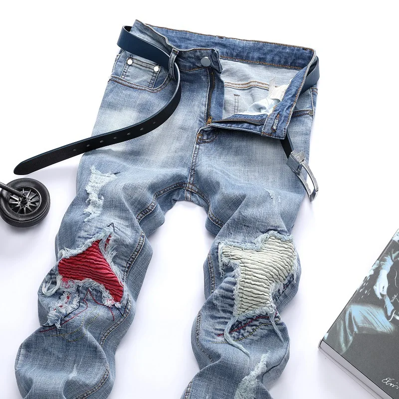 Novo gigh-qualidade personalidade luz azul estiramento motocicleta rasgado buraco tendência jeans masculinos