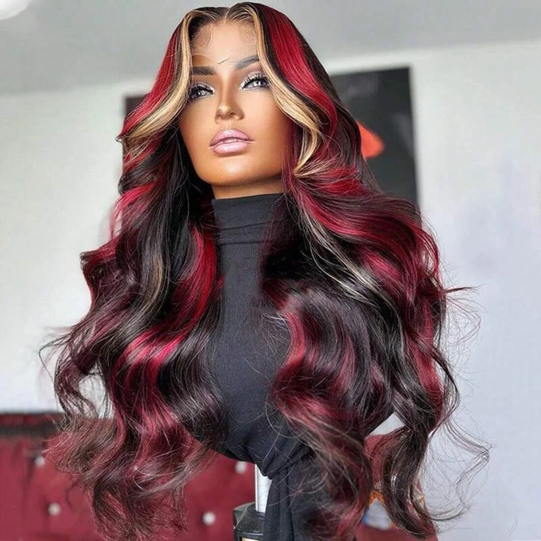 

Black Red Blonde Wig 5x5 Glueless Wig red and blonde highlight wig human hair Body Wave Lace Front Wigs Human Hair 180%