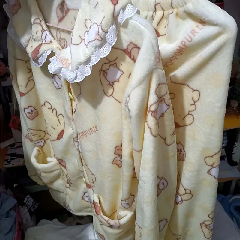 Anime Sanrioed Pyjamas Pompom Purins Korallen Samt Cartoon Lose Nachtwäsche Samt Verdicken Wärme Hause Kleidung Mädchen Geburtstag Geschenke