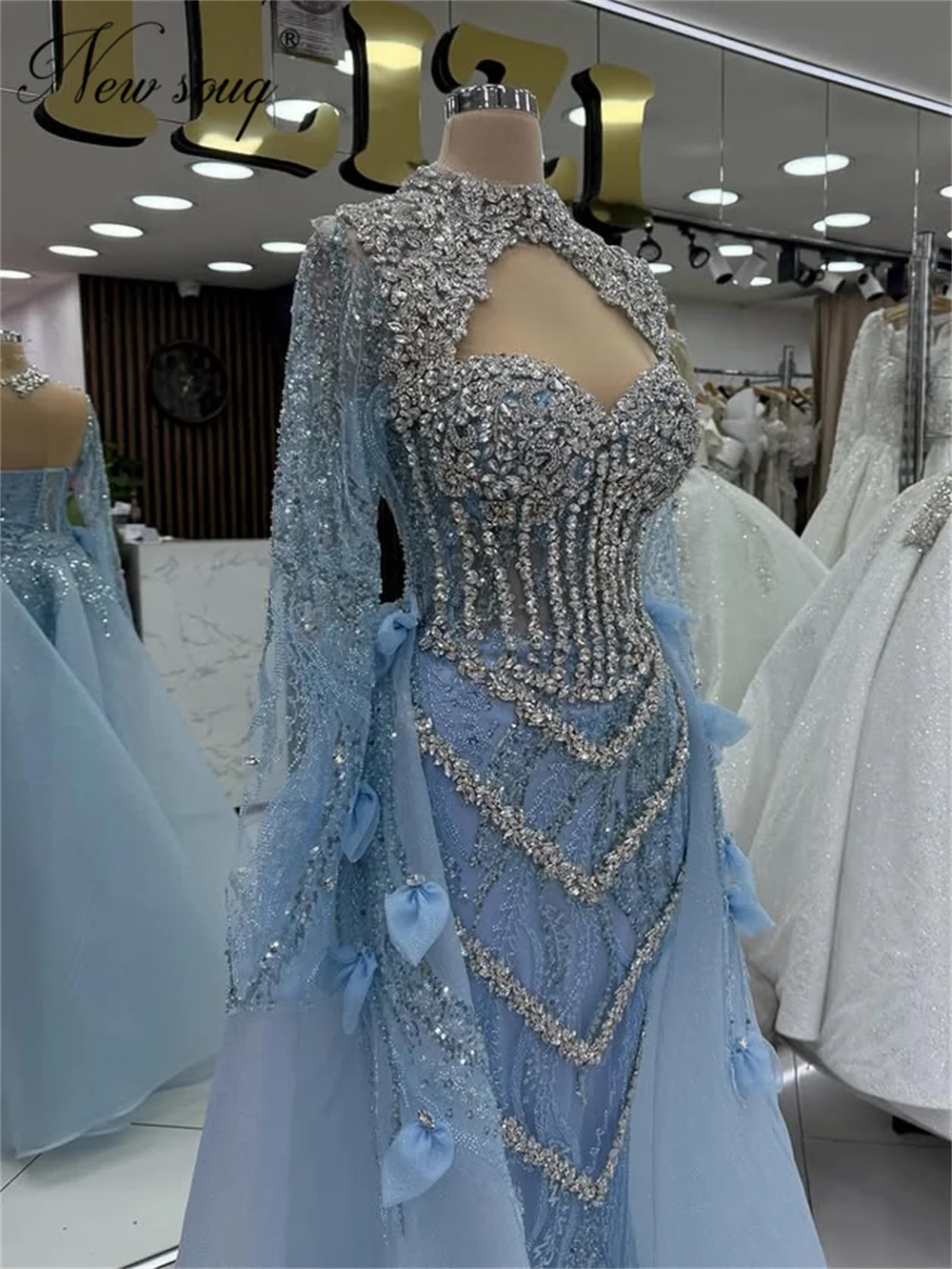 

Элегантные небесно-голубые вечерние платья с длинными рукавами для свадеб, индивидуальный пошив, платья-русалки для выпускного вечера, расшитые бисером, с накидкой, 2026