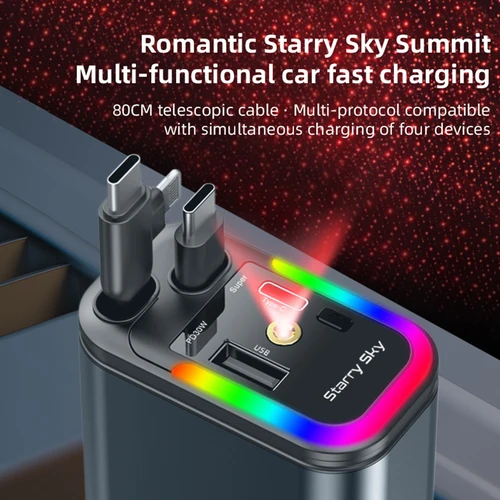 Imagen 2 del producto Encendedor de cigarrillos de 180W para coche, Cable telescópico 5 en 1, adaptador de cargador rápido con atmósfera superior de cielo estrellado para Iphone y Android