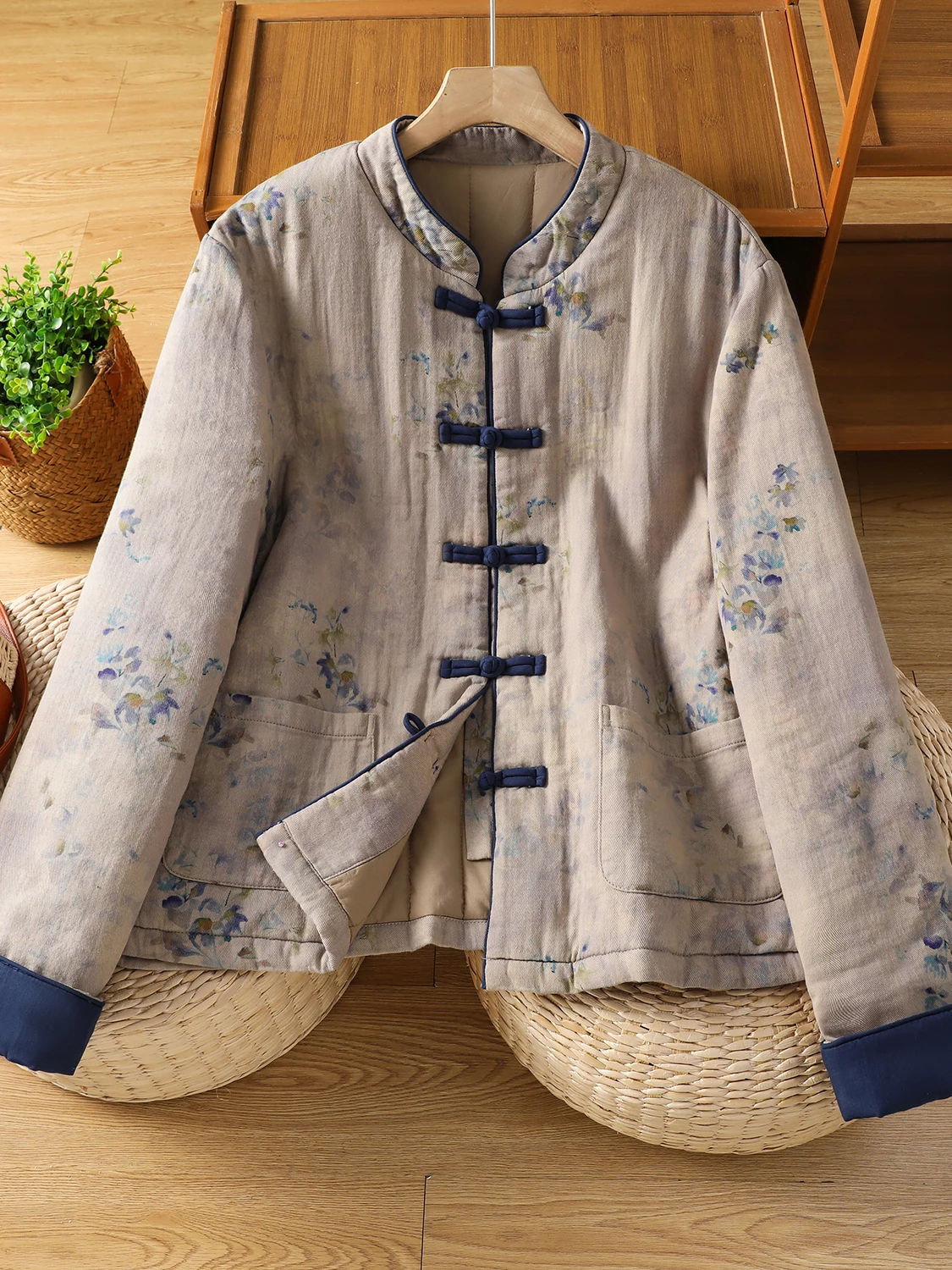 Thiened Cotton Jaet Colletto alla coreana da donna Bottoni Stampa frontale Capispalla caldo Autunno Inverno Nuovo Sle Retro Vestibilità ampia Lunga S...