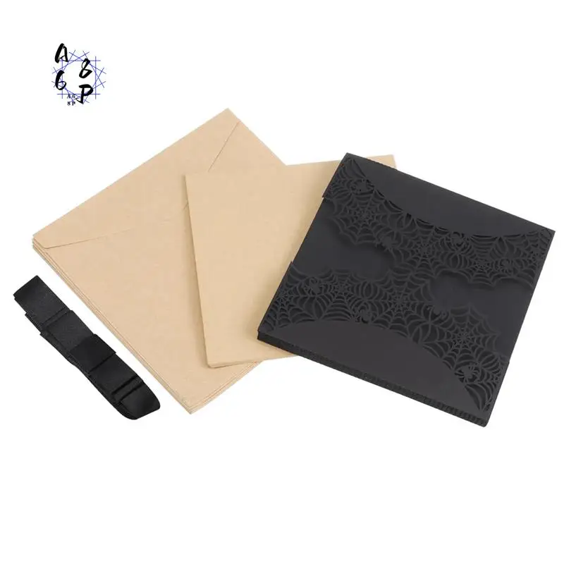 

A68P-10 шт., открытки для приглашений на Хэллоуин, полые пригласительные билеты для вечеринок ужасов, дизайнерские карты с паутиной и бантиками (черные)