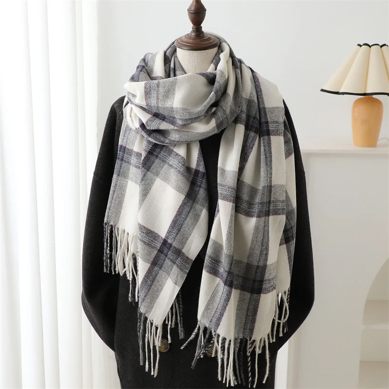 Korean Style New Imitation Cashmere Plaid Scarf Autumn and Winter Fashion Simple and Warm Scarf Women Tassel Pashmina Shawl Wrap