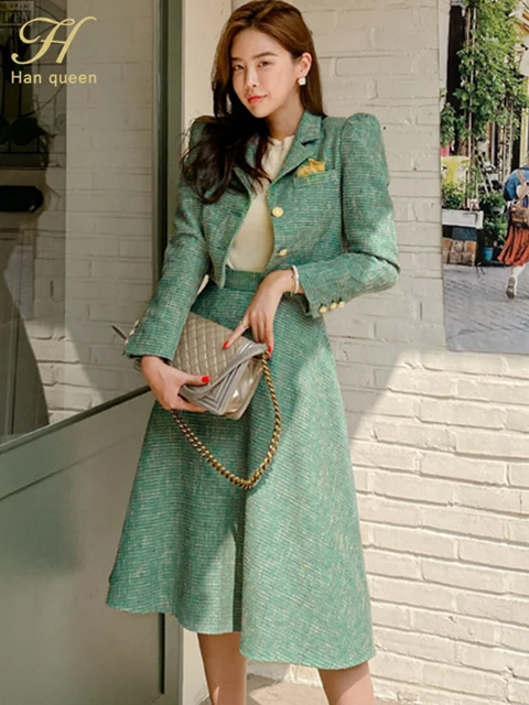 H Han Queen Winter Designer Lady Skirt Suit Elegant Korean Version Woolen Short Coat big Swing Casual Evening Party 2 piece Set Dress Sets AliExpress
