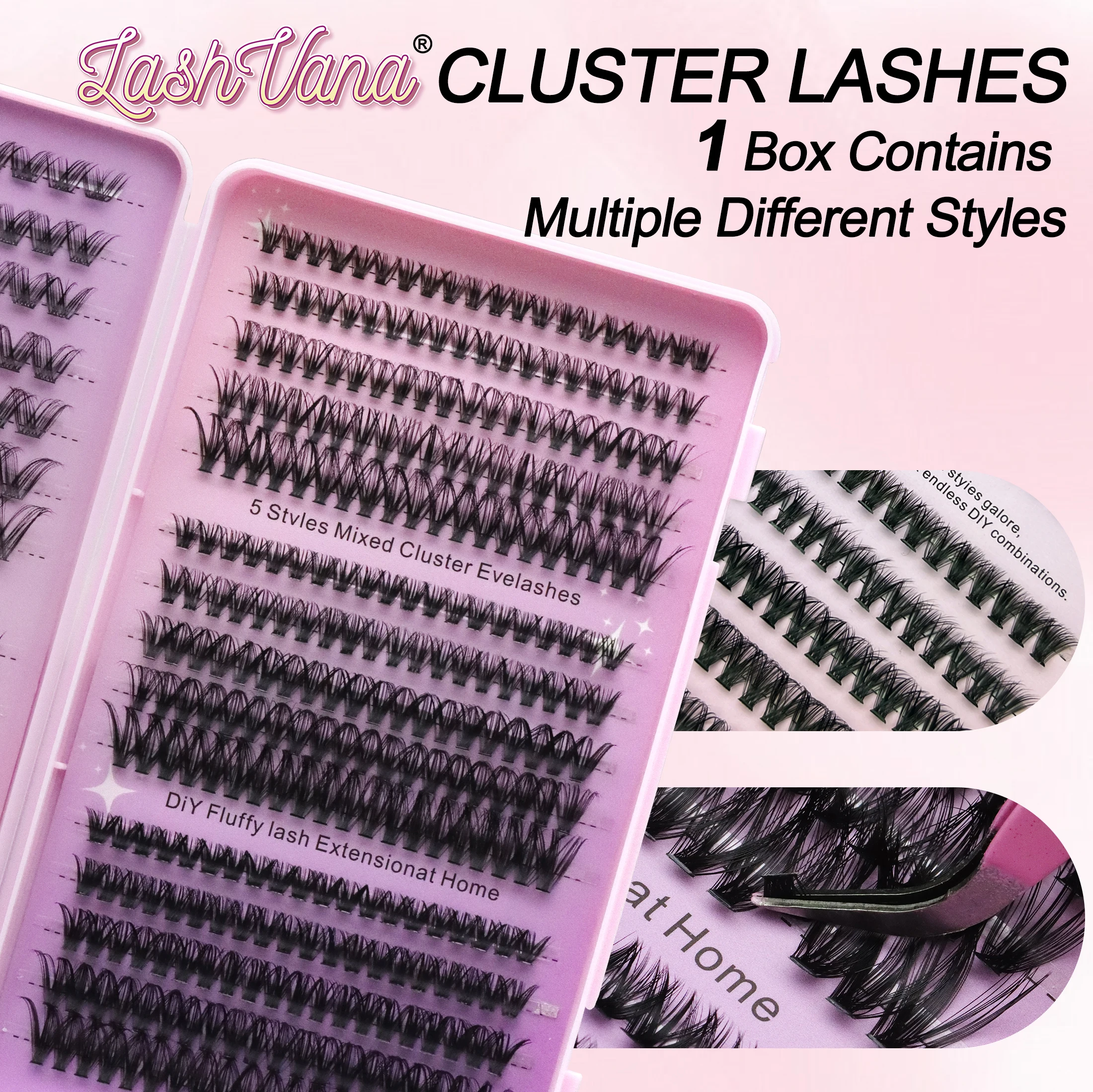 Zestaw do samodzielnego montażu 560 kępek sztucznych rzęs, duża pojemność, książka z rzęsami w kępkach z klejem, płyn do usuwania kleju, pęseta, naturalny wygląd do użytku.