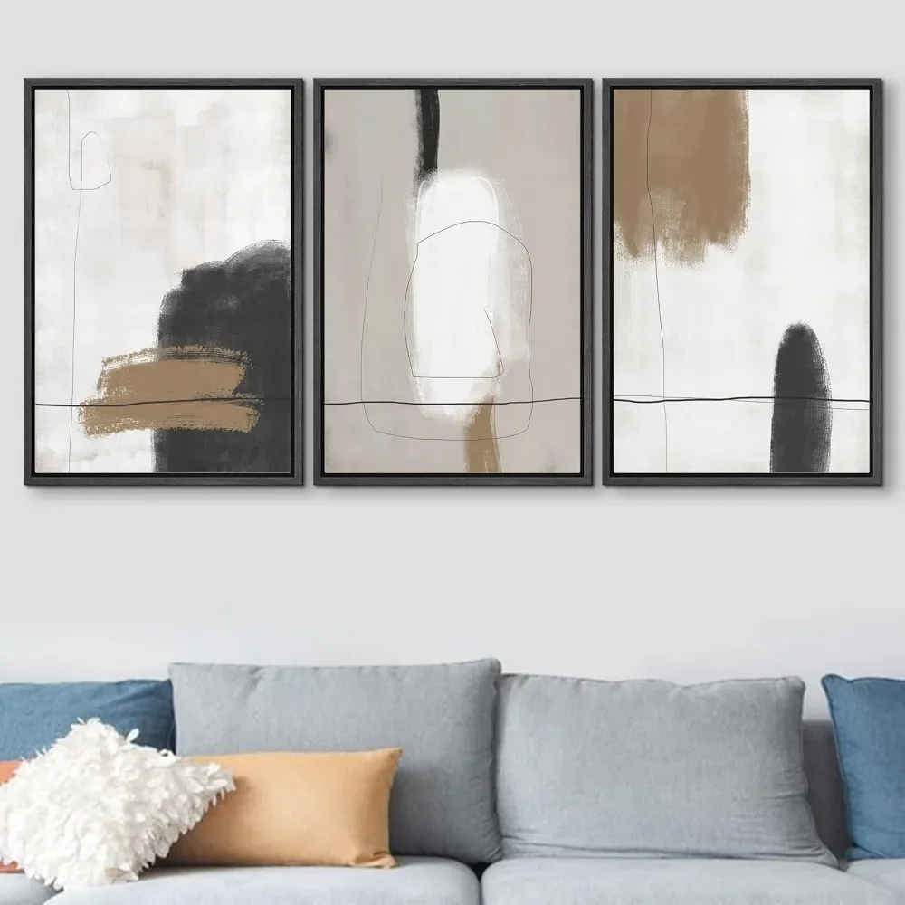 Framed Canvas Print Wall Art Set Grunge Paint Strokes Abstract Shapes Illustrations Modern Art Bohemian