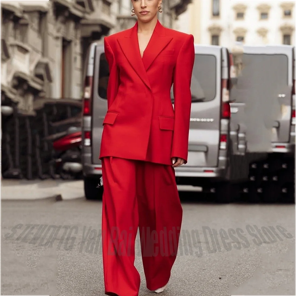

Vintage Red Peak Lapel Women Suits Classic Design Straight Business Office Formal Outfit 2 Pieces Formal Party Trousers Sets
