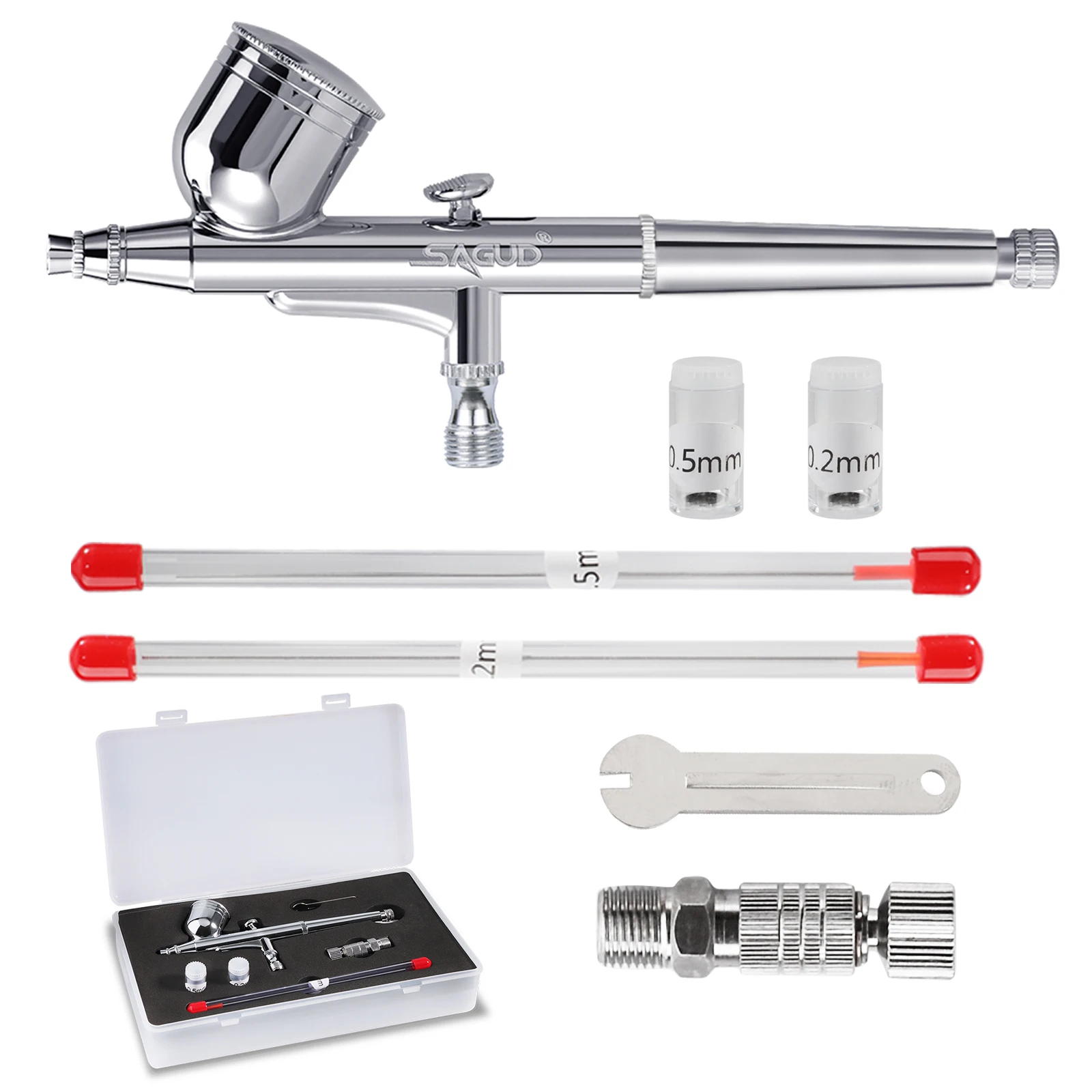 

SAGUD Professional Airbrush Set 0.2 0.3 0.5mm Needles Nozzle Quick Release with Air Hose - Dual-Action Gravity Feed Airbrush Kit