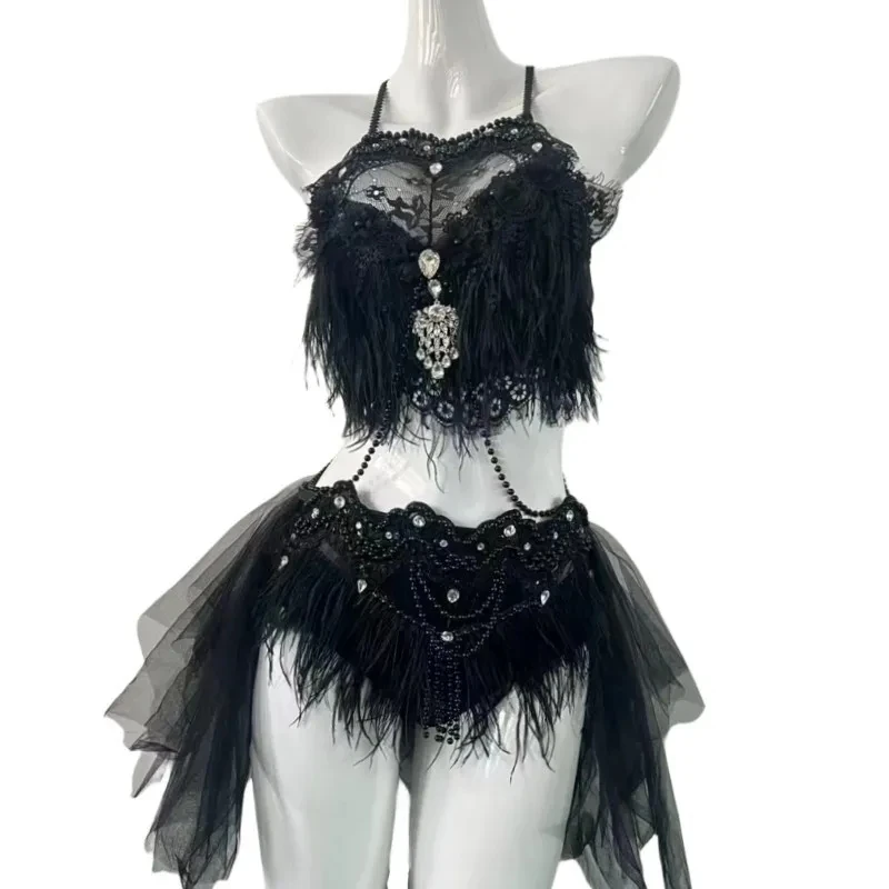 Sexy Club Nightclub DJ Gogo Party Rave Outfit Dancer Stage Performance Costume Black White Feather Beads Tops Mesh Skirt