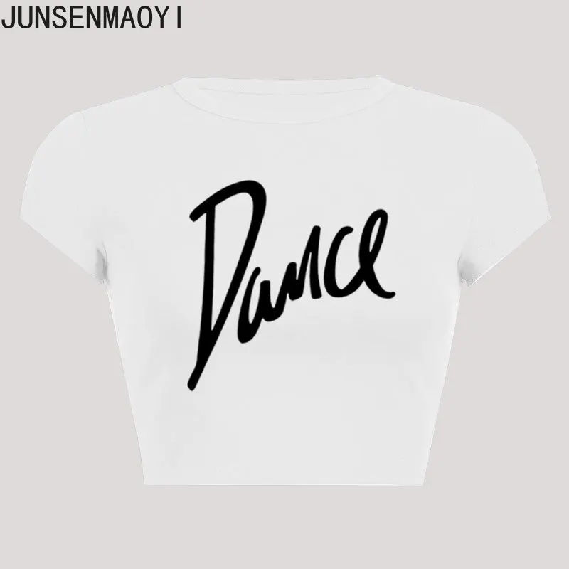 Letter Dance Print Pattern New Summer Short Sleeve O Neck Cropped Navel Women Crop Tops Fashion T-Shirt