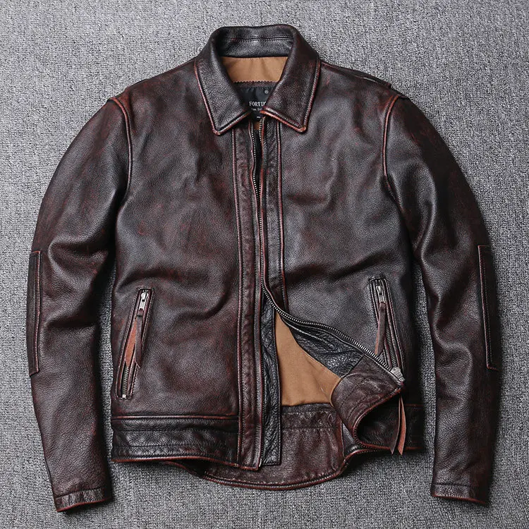 AYUNSUE New Spring Autumn Top Layer Cowhide Genuine Leather Jacket Men Vintage Distressed Real Leather Coat Tailed Hem jaquetas