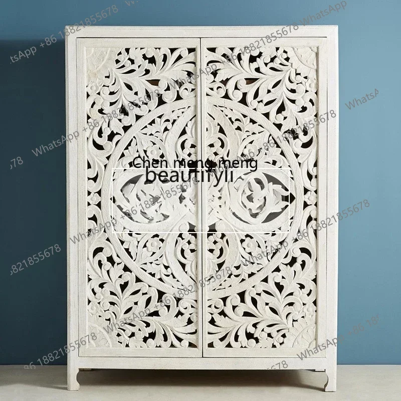 

X Retro solid wood hollow carved double door wardrobe American bedroom locker decorative cabinet