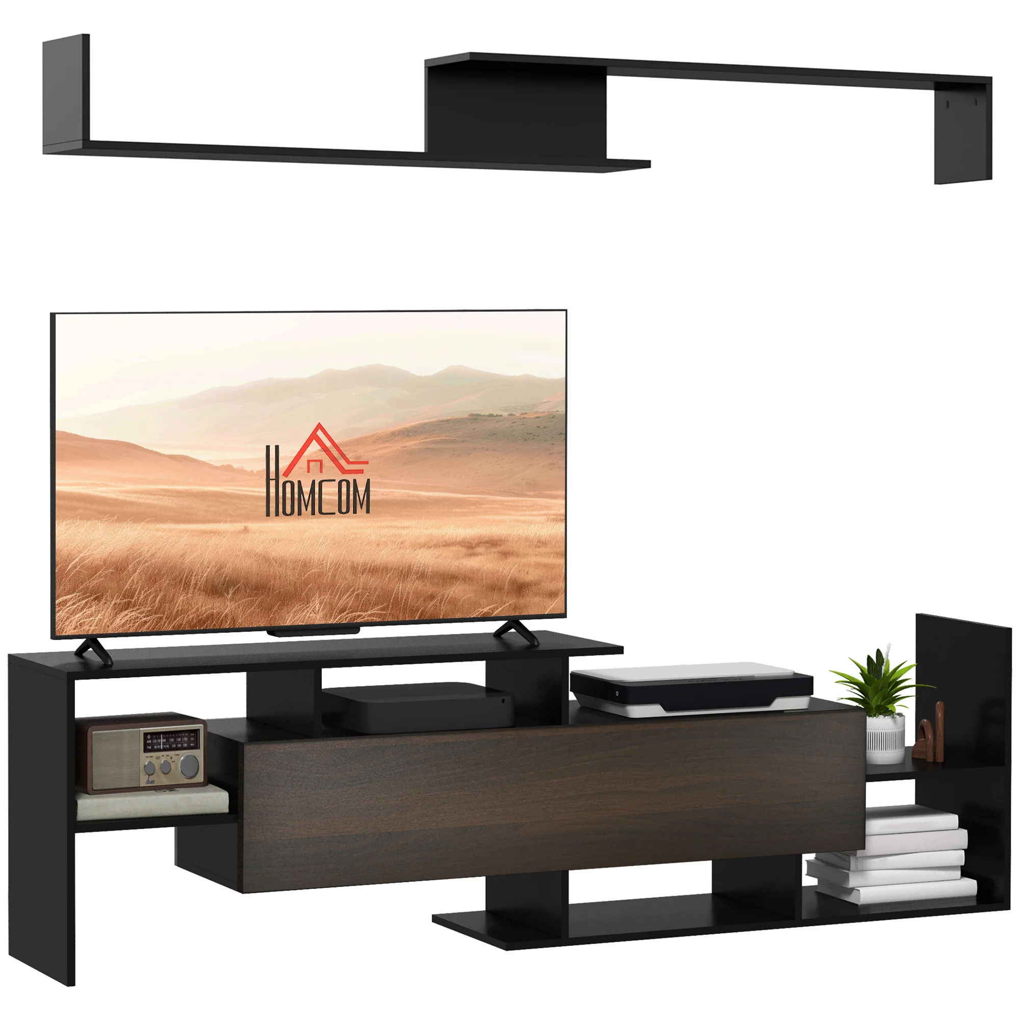 Mueble de Salón para TV Conjunto Muebles de TV 153,6x25x42cm y Estante de Pared 150x14,5x16,3cm Negro y Marrón