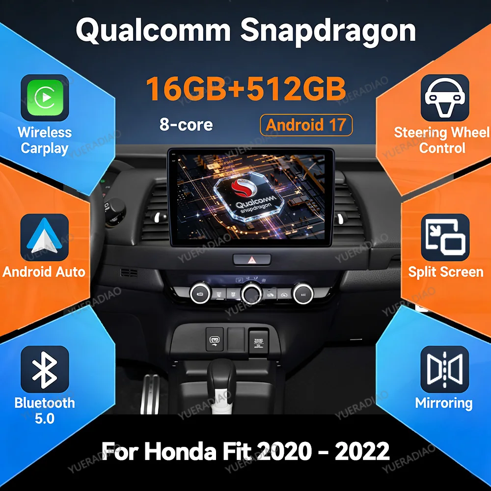 Radio para Auto Android 17 para HONDA FIT JAZZ 2020 2021 2022, Cámara de Reversa, Pantalla Táctil, Doble DIN, SWC, Carplay, Auto Qualcomm, GPS, Navegación