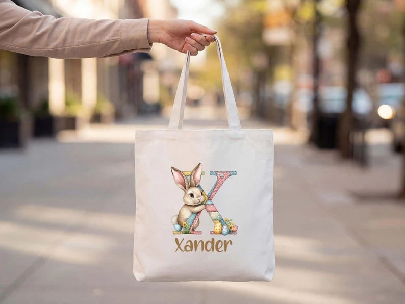 Personalized Easter Bunny Tote Bag with Custom Name – Cute Easter Gift for Boys and Girls, Spring Birthday Present, Personalized
