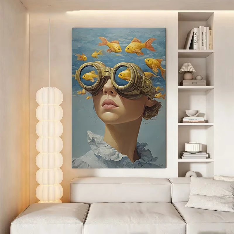 Woman Wear Vintage Goggles Poster Prints Abstract Goldfish Canvas Painting Wall Art Picture for Living Room Home Decor Cuadros
