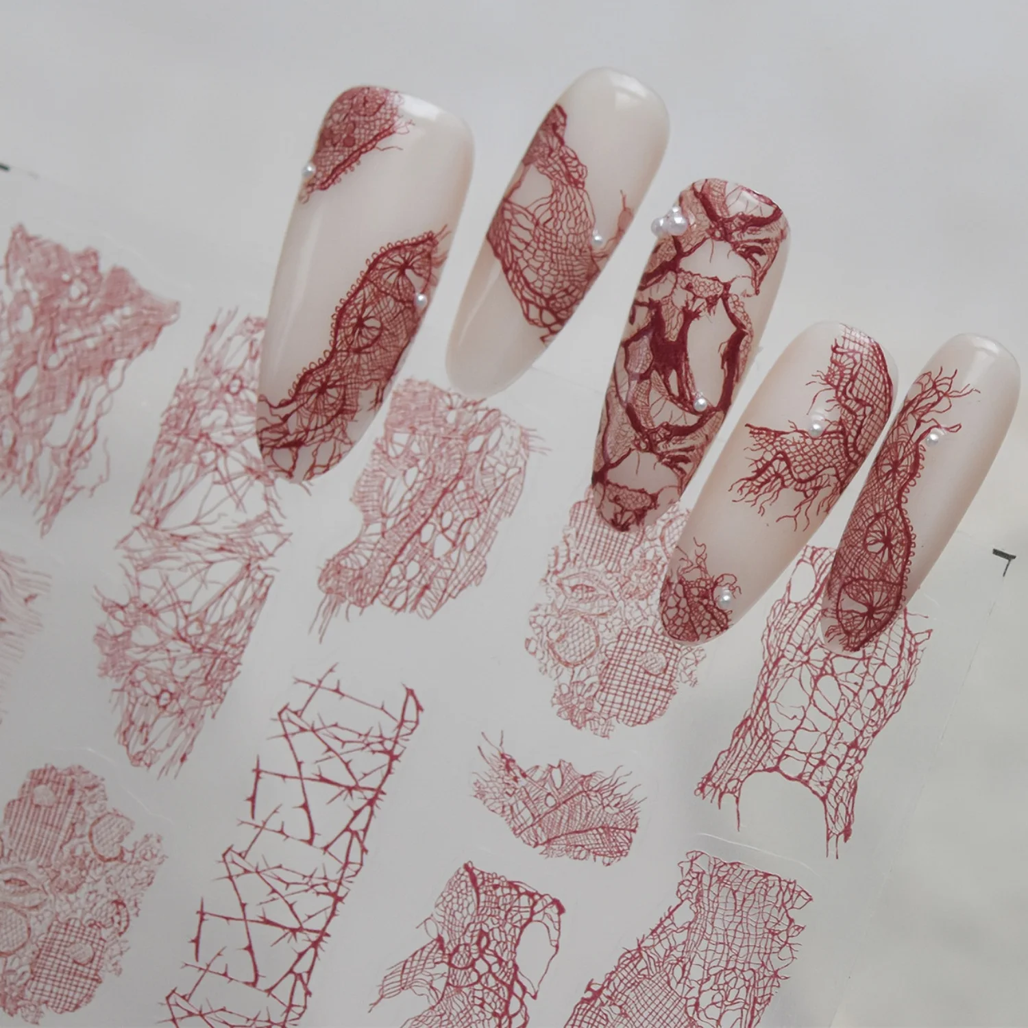 Burgundy Red Cloth Lace Fragments 5D Nail Stickers Vintage Fishnet Lace Bowknot Lace Trims French Self Adhesive Nail Decoration