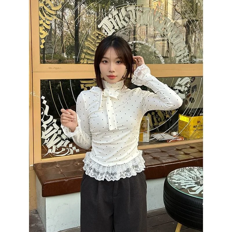White Polka Dot Half High Neck T-shirt Spring Autumn Sweet Bow Basic Shirt Fake Two Piece Lace Splice Slim Fit All-matched Top