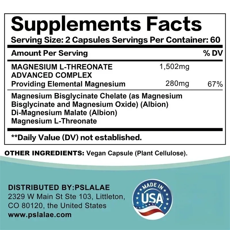 Magnesium L-Threonate Complex - Relieves Stress, Improves Sleep Quality, Supports Cognitive Function and Brain Health, Non-GMO