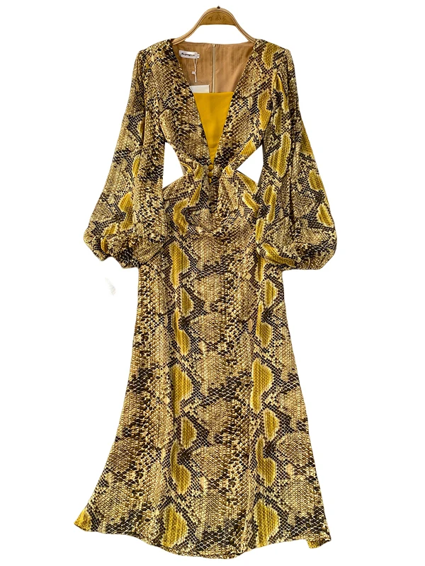 Długa, drapowana, jedwabna suknia wieczorowa z nadrukiem Ele V-Ne, damska moda, do pracy, z wysokim stanem, linia A, z trenem.