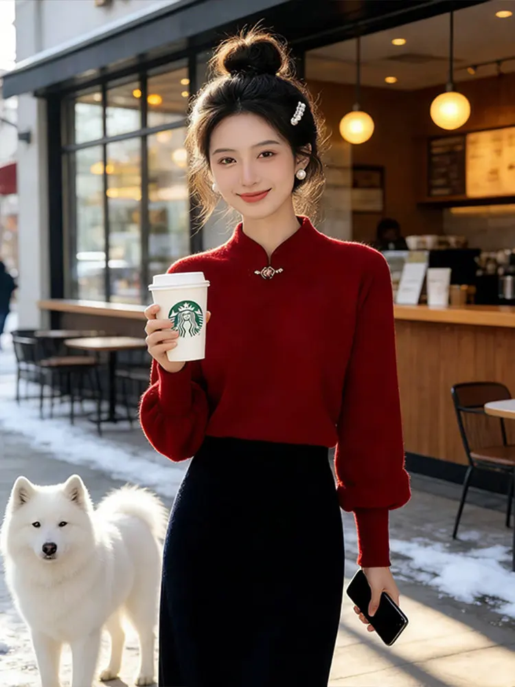 

Red Stand Collar Button Knitted Sweater Women's Faionable Unique Beautiful Small irt Top for Daily Wear Commute