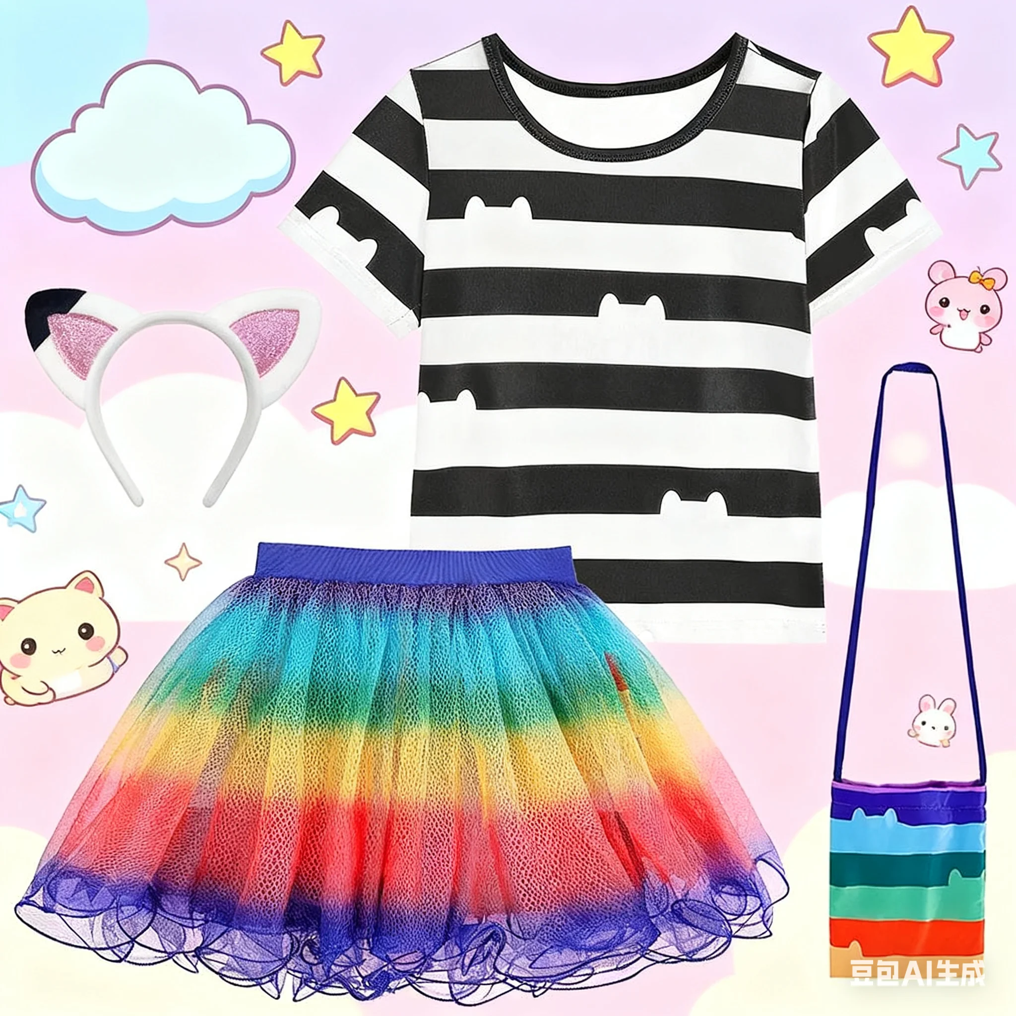 Children's Clothing Girls Cartoon Cat doll Black White Stripe T-shirt Rainbow Skirt Set Cats Birthday Party Clothing Set
