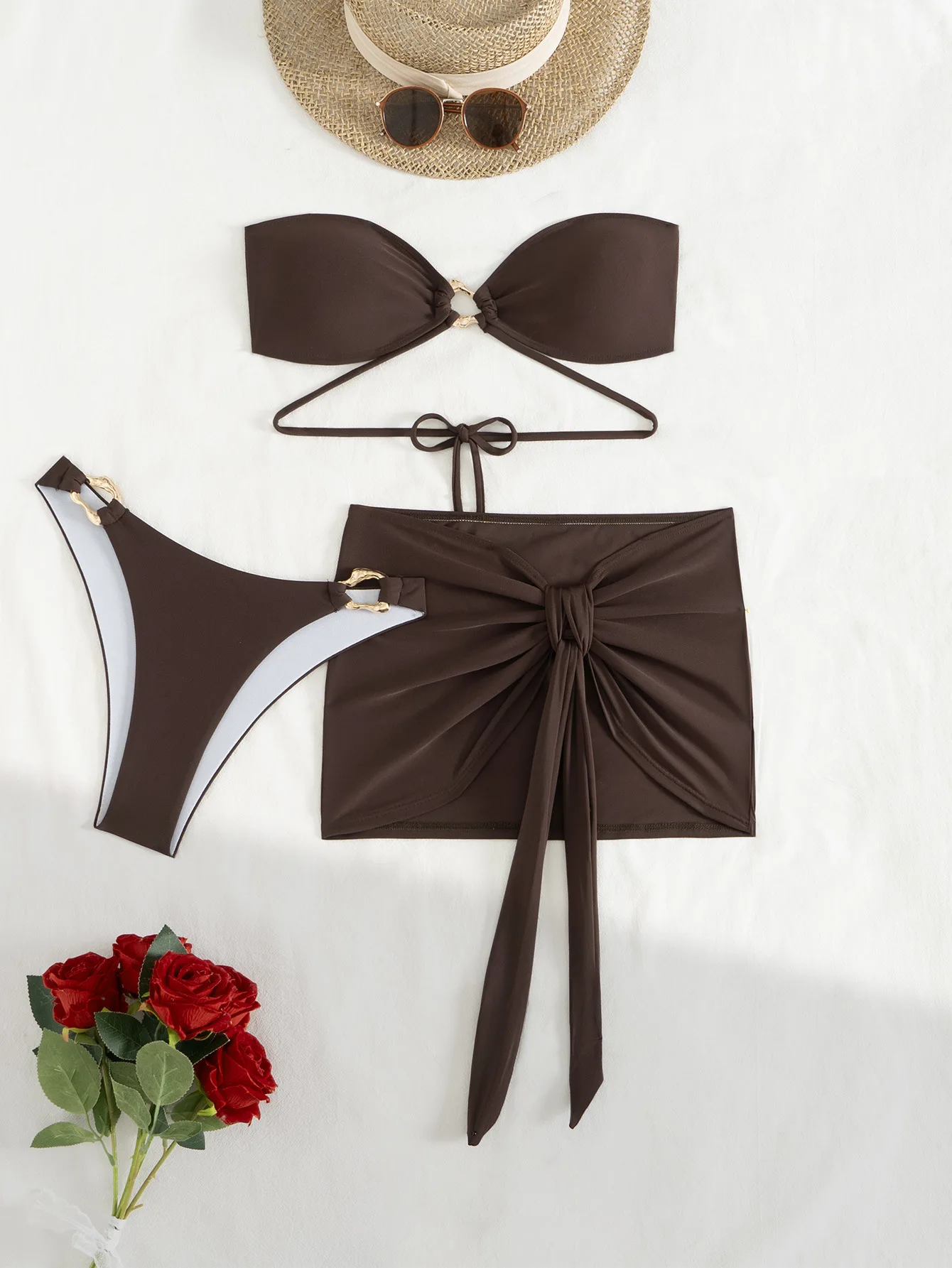Sexy Bandeau Bikini 2025 Women Off Shoulder Coffee Metal Rectangle Push Up Skirt 3 Piece Swimsuit Beach Bathing Suit Swimwear