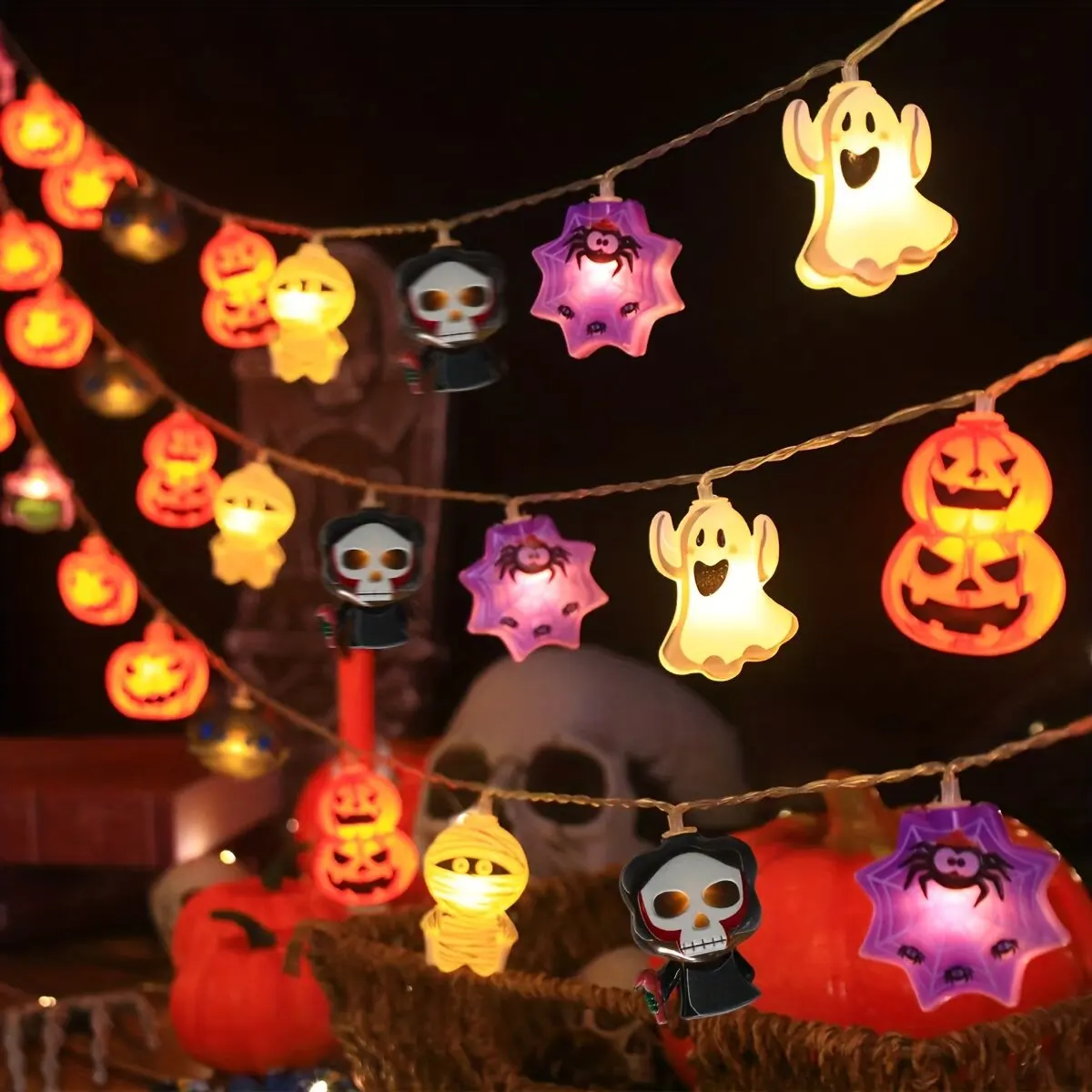 Halloween LED String Lights Ghost Pumpkin Cat Spider Web Battery Operated Fairy Lights Halloween Party Decorations