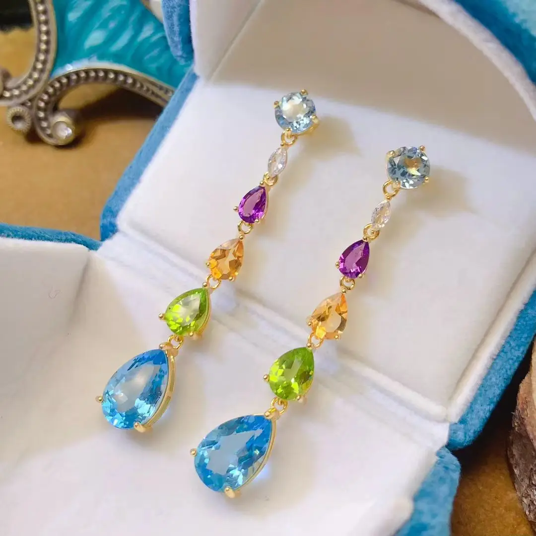 925 silver designer pear earrings natural topaz amethyst citrine peridot  jewelry with 18K gold plating