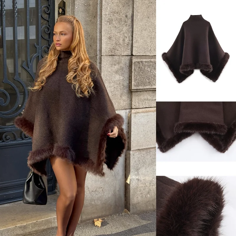 

HH 2025 Female High Street Brown Windbreaker Vintage Texture Jersey Poncho Coat With Cuff Feather Loose Dolman Sleeves Coats