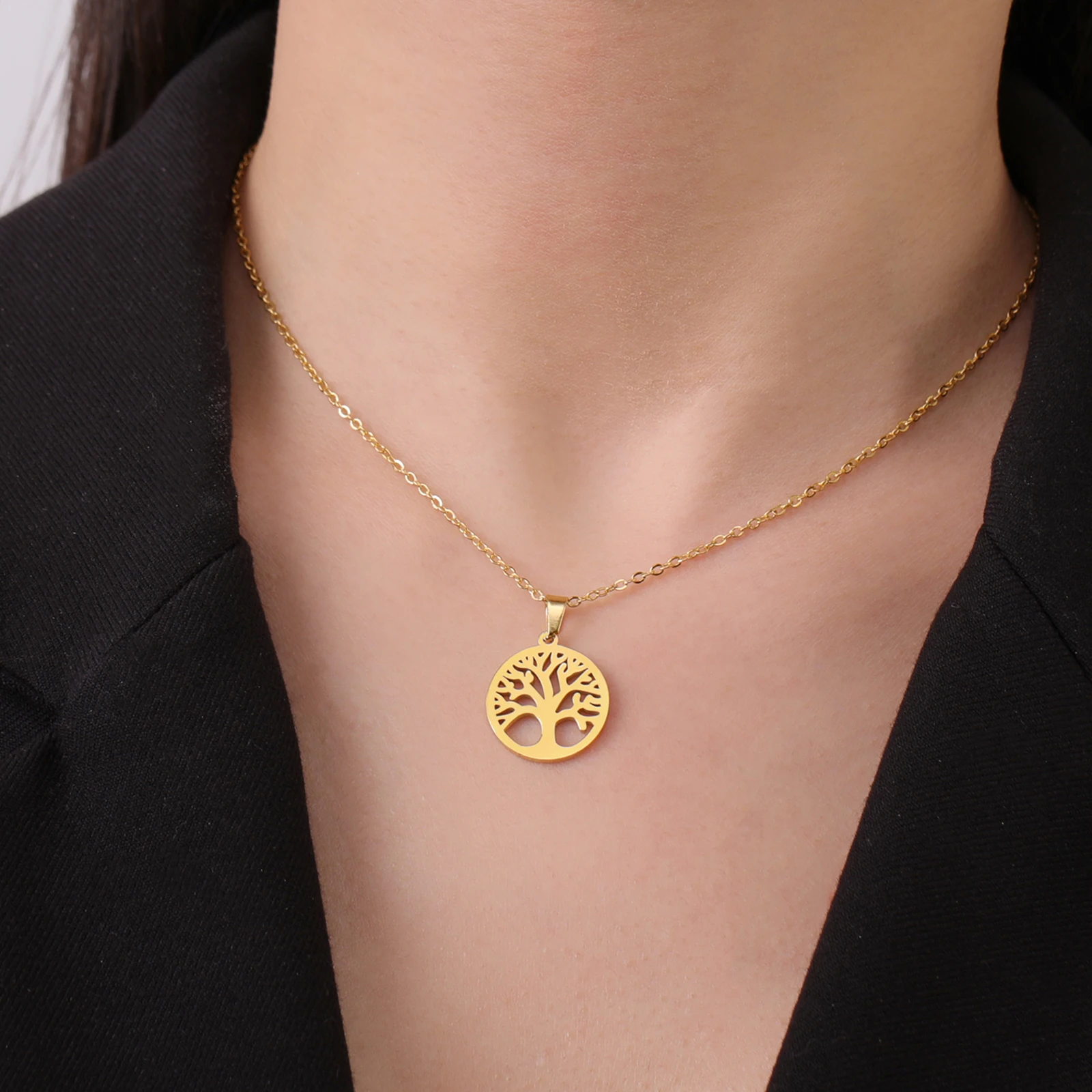 Skyrim Baum des Lebens Halskette für Frauen Edelstahl Gold Farbe Klar Zirkon Runde Anhänger Halsketten Luxus Hochzeitsgeschenk – Detail 13