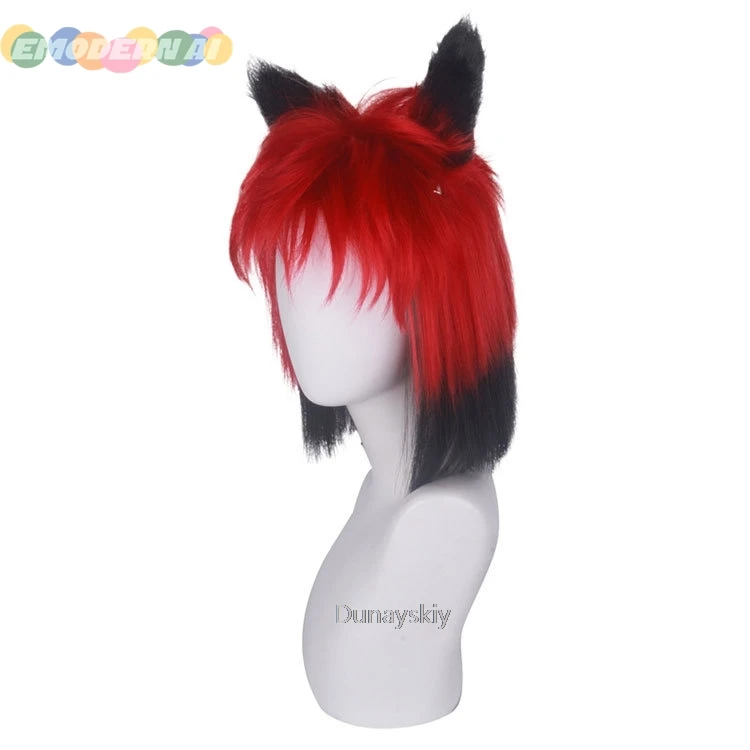 Hazzbin Cos Hotel Alastor Cosplay Peruca para Mulheres, Vermelho, Preto, Cabelo Curto, Resistente ao Calor, Cabelo Sintético, Halloween, Carnival Party Prop