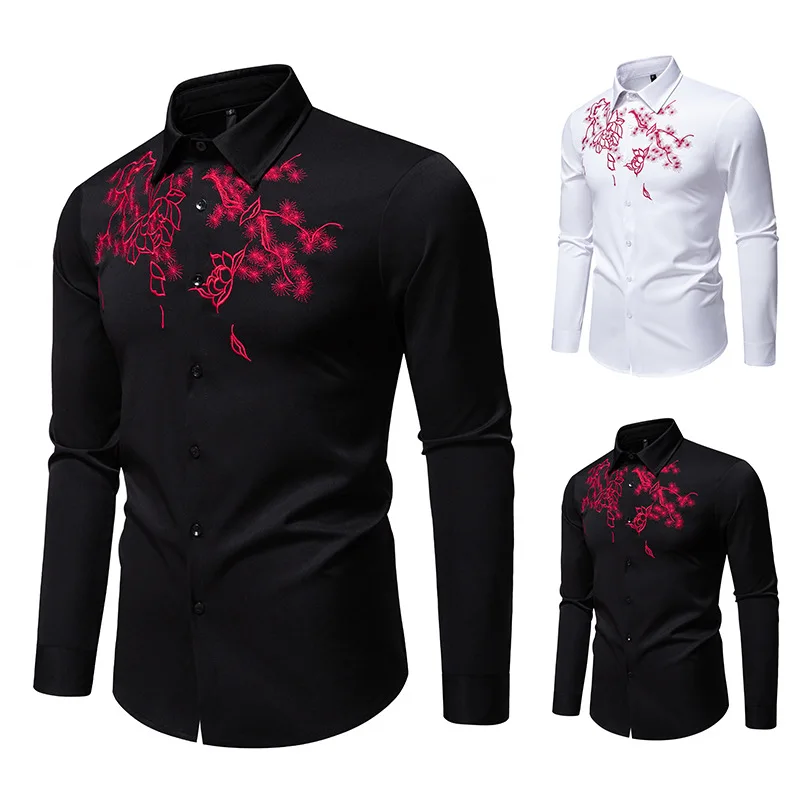 

Cool Red Black Color Block Long Sleeve Embroidered Shirt for Singer Performance Hair Stylist Large Size Loose Fit Spring Shirt