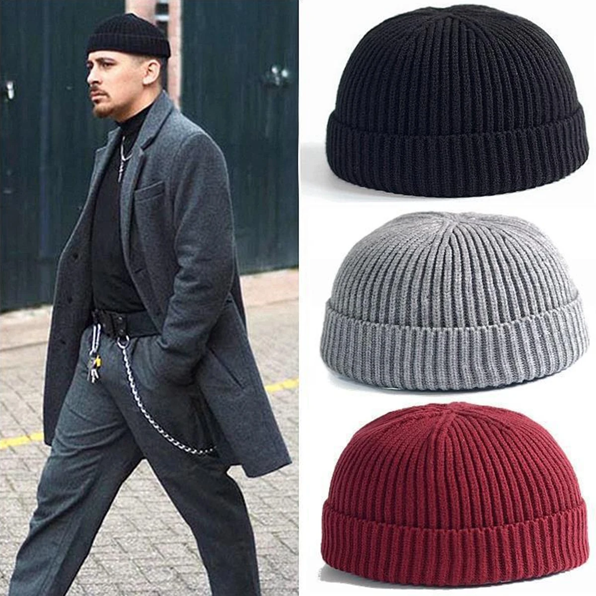 2 Pcs Winter Warm Skull Beanies Short Thread Knitted Hat Gloves Set Comfortable Headwear for Men Women Hip Hop Solid Cuffed Caps