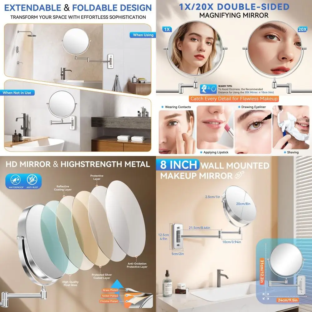 8 Miroir de maquillage mural double face 20X avec 360 °   Bras et pince à épiler rotatifs, finition chromée