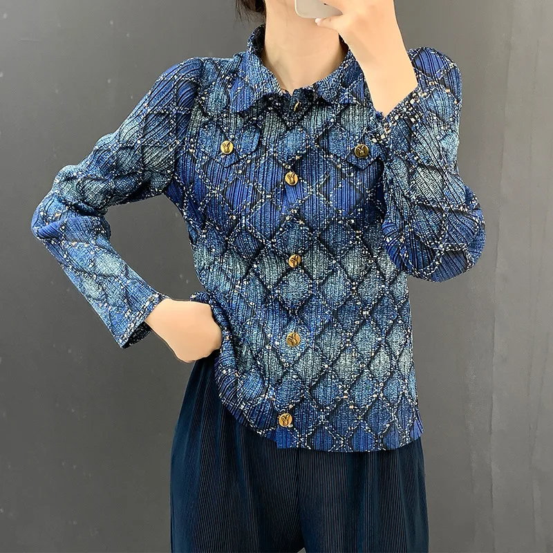 

Джинсовая куртка в сложенном виде Miyake, осень-зима 2021, новая однорядная кардиган с длинными рукавами и лацканами, повседневная универсальная тонкая блузка с несколькими пуговицами