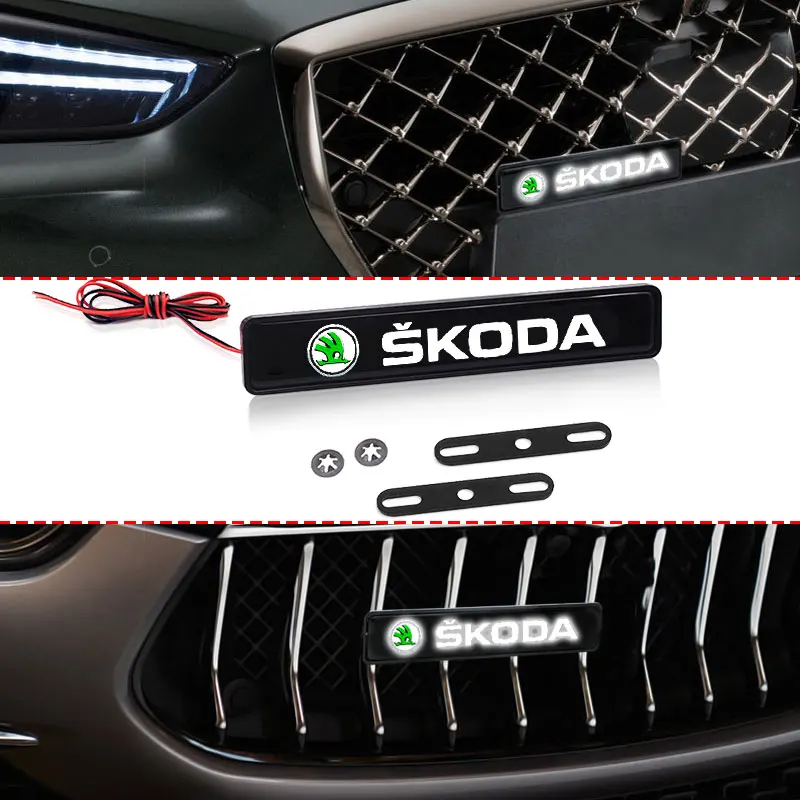 New Car Front Hood Grille Emblem LED Light Grill Decorative Lights For Skoda Octavia Fabia Kamiq Kapoq Kodiaq Rapid SCALA Superb