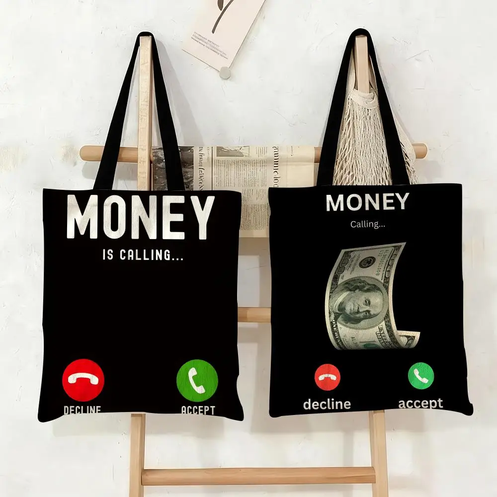 

Money is Calling Storage Bags Canvas Tote Bag Large Capacity Double-Sided Print Reusable Shopping Bag Eco-Friendly Shoulder Bag