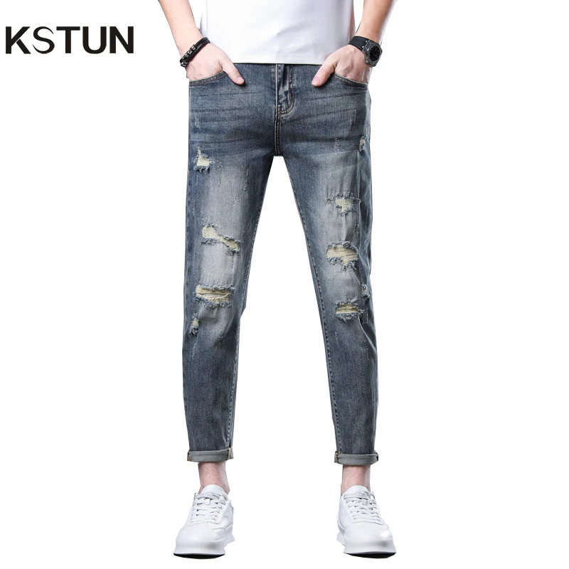 

Hip Hop Jeans For Men Dark Blue Stretch Skinny Ankle Length Denim Pants Ripped Jeans Man 2024 Summer Frayed Patchwork Cowboys