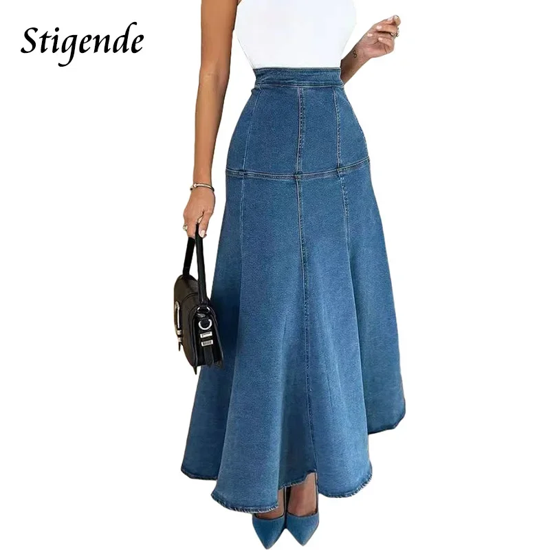 Stigende Back Zipper Denim Mermaid Maxi Skirt Women Patchwork Fit and Flare Loose Long Swing Skirt