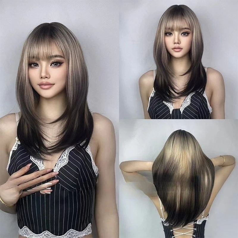 

The trend gradually changes color Qi bangs layered hair tail curl long straight hair European and American style party wearing n
