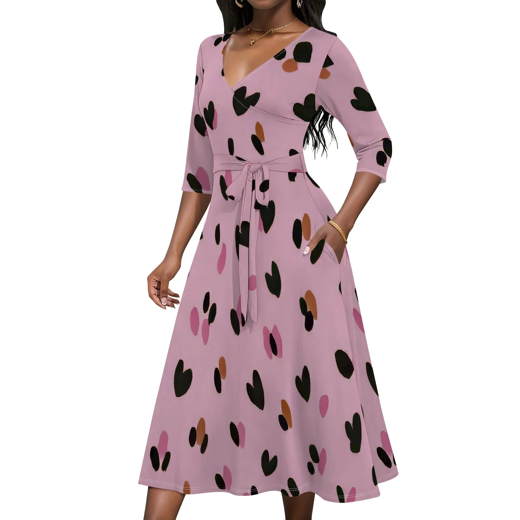 สตรีชุดแม็กซี่ฤดูร้อนลําลองขนาดบวกเซ็กซี่วอร์ปคอวีแขน 3/4 Sundress กับกระเป๋า