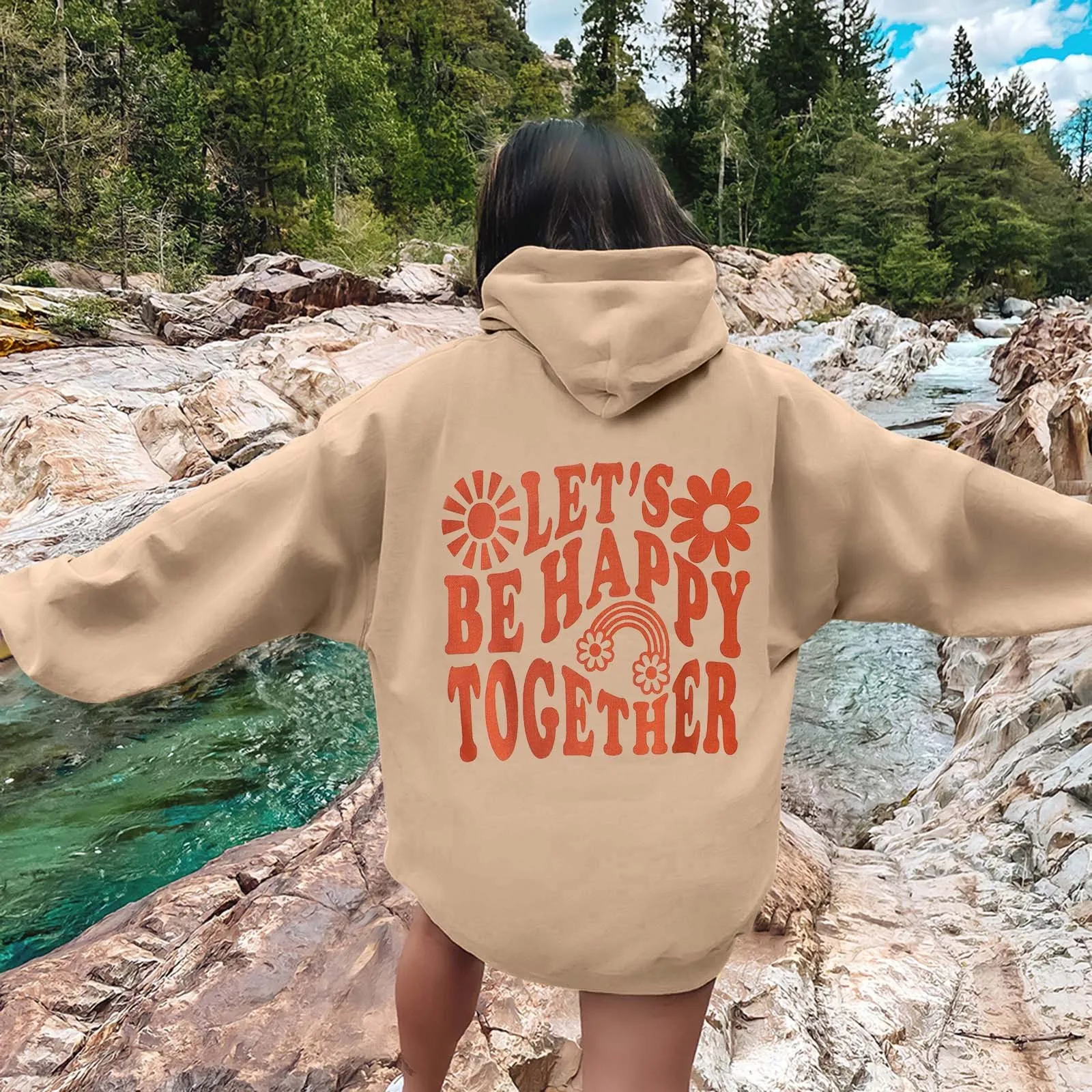 

Let's Be Happy Together Letter Printed Long Sleeve Plus Size Hoodie Women Sweatshirts Harajuku Girl Casual Streetwear Hooded